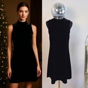 VINTAGE Cassini Black‎ Velvet Mini Dress, Medium, Mock Neck Sleeveless 90s